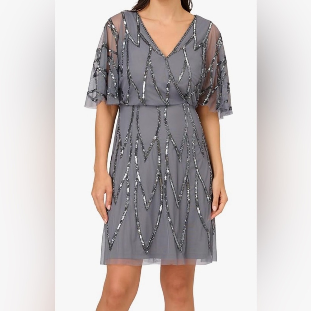 Embellish Bead Mesh Wrap Dress Adrianna Papell Dusty Blue Women’s Size 10 NWT - Picture 14 of 16